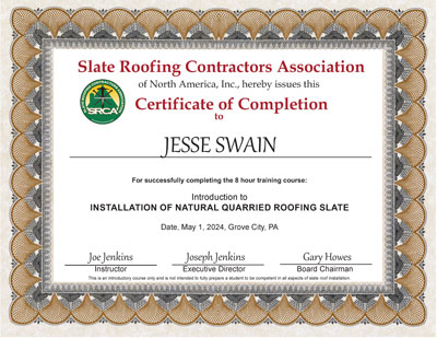 Jesse Swain took the Slate Roof Installation Course, May 1, 2024.